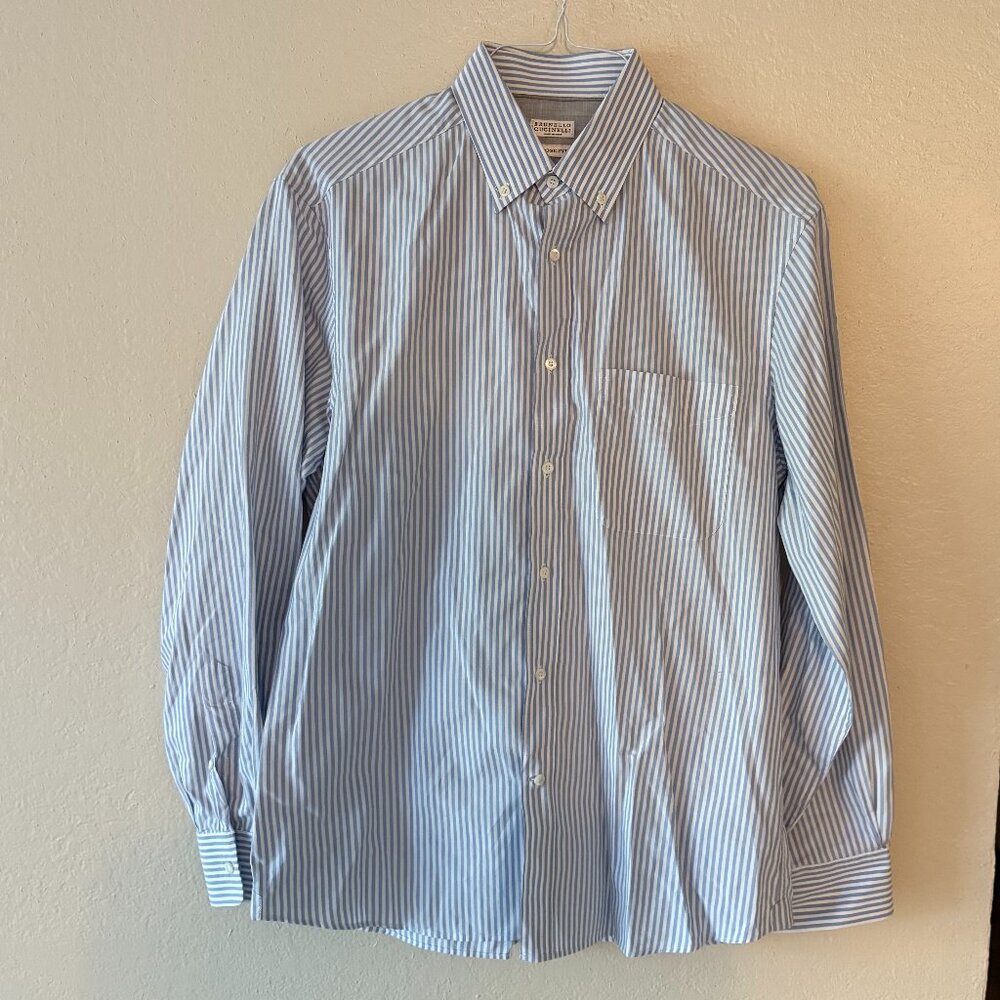 Brunello Cucinelli Men's Dress Button Down Shirt Size M Loose Fit Blue Stripe